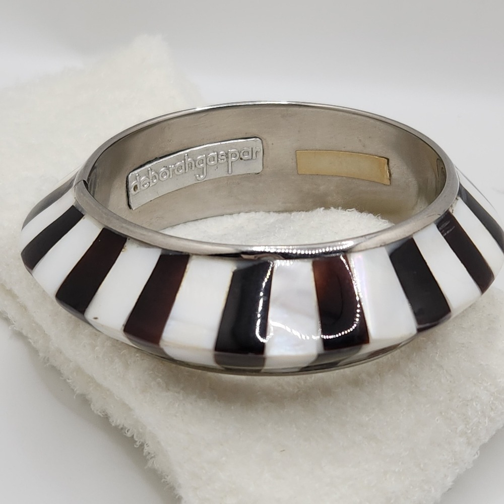 Chunky Bangle Black White Striped Mother of Pearl 8in Deborah Gaspar Luxury $125